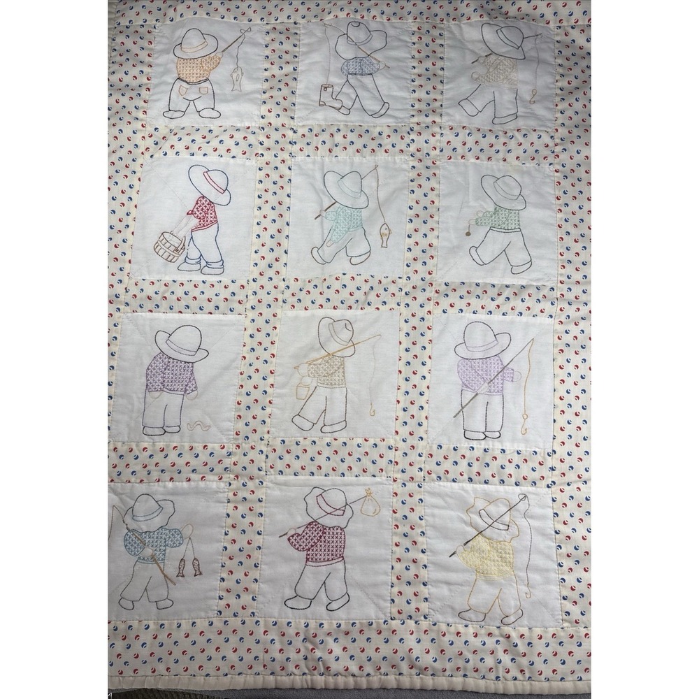 Adorable Vintage Baby Quilt Hand Embroidered and Quilted  40X36"